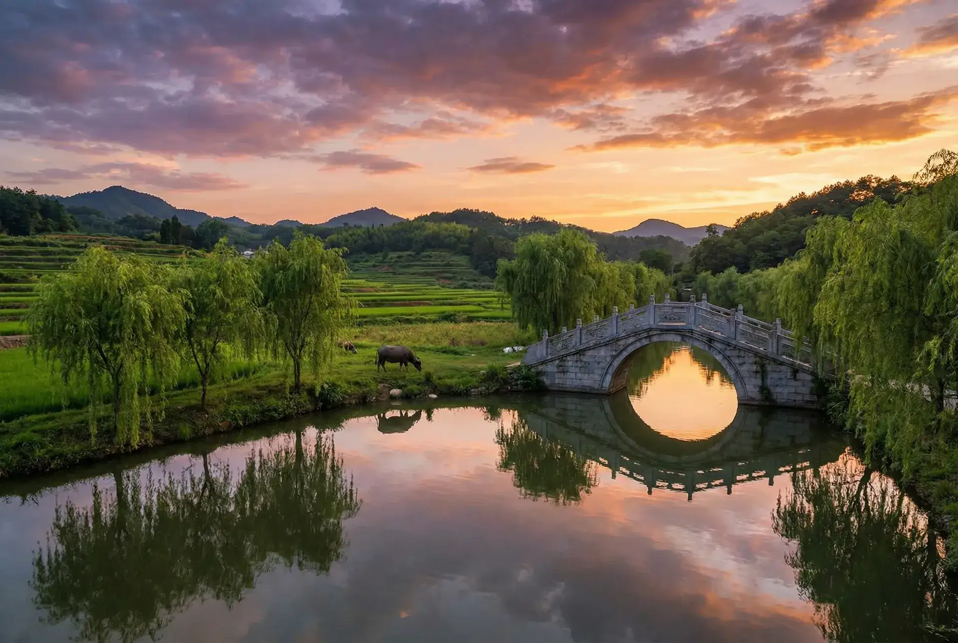 夕阳下的石拱桥与垂柳，水牛在河边吃草 - 电影潘金莲5集在线观看视频 乡村美景